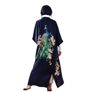 KIM+ONO One Size 100% Silk Handpainted Peacock Black Long NO BELT One Seam Tear